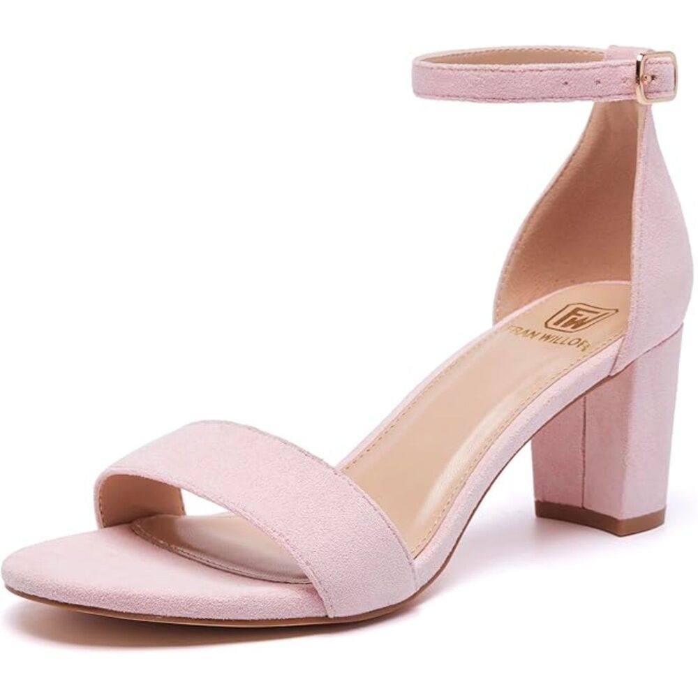 Women's Pink Open Toe Ankle Strap Low Chunky Short Heels Wedding Pumps Shoes